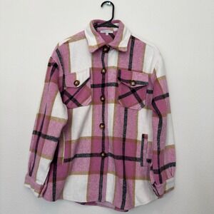 Veveret Plaid Shacket Women Large Pink Cream Good Button Front Flannel Jacket